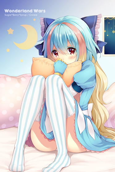 1girl bangs blonde_hair blue_dress blue_gloves blue_hair blush brown_hair commentary_request copyright_name covered_mouth crescent dress eyebrows_visible_through_hair gloves hair_between_eyes kuroe_(sugarberry) little_alice_(wonderland_wars) long_hair looking_at_viewer multicolored_hair no_shoes panties pillow pillow_hug puffy_short_sleeves puffy_sleeves red_eyes short_sleeves sitting solo striped striped_legwear sunshine_creation two-tone_hair underwear vertical-striped_legwear vertical_stripes white_legwear white_panties wonderland_wars