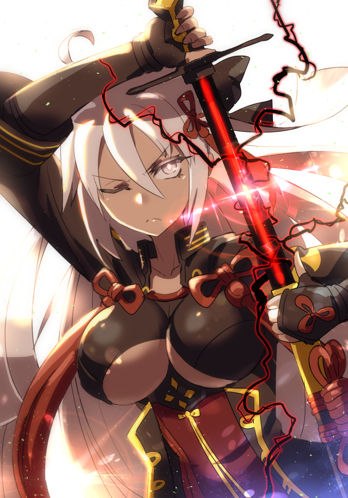 1girl ahoge arm_guards bow breasts cleavage cleavage_cutout commentary_request drawing_sword fate/grand_order fate_(series) gloves glowing hair_between_eyes hair_bow hair_ornament holding holding_sword holding_weapon jacket large_breasts long_hair long_sleeves okita_souji_(fate) okita_souji_alter_(fate) one_eye_closed partly_fingerless_gloves ponytail sheath shiny shiny_skin solo sword tan tomoyohi under_boob weapon white_hair