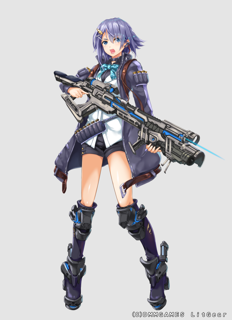 1girl black_shorts blue_eyes blue_neckwear boots bow bowtie full_body grey_background grey_hairclip gun hair_ornament hellnyaa holding holding_gun holding_weapon long_sleeves open_mouth original purple_coat purple_footwear purple_hair rifle shirt short_hair short_shorts shorts solo standing weapon white_shirt wing_hair_ornament x_hair_ornament