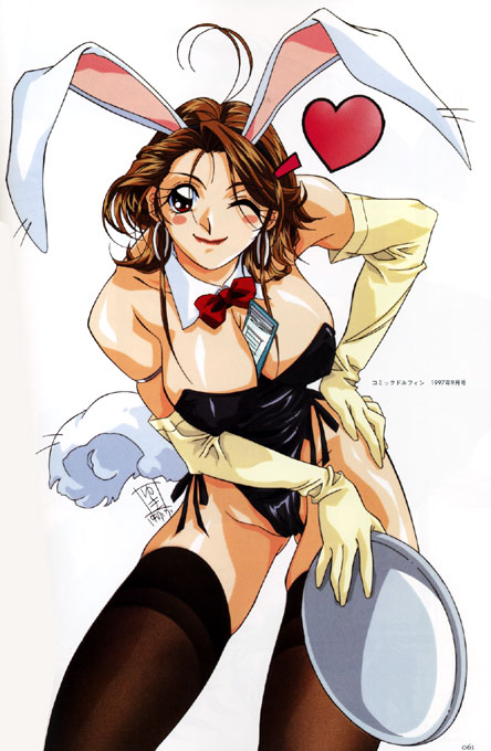 1girl animal_ears antenna_hair arm_strap between_breasts black_legwear black_leotard blush_stickers breasts brown_hair bunny_tail bunnysuit cleavage cowboy_shot detached_collar earrings elbow_gloves fake_animal_ears fake_tail gloves gluteal_fold hand_on_hip heart highleg highleg_leotard holding holding_tray hoop_earrings jewelry large_breasts leaning_forward leotard lipstick long_hair looking_at_viewer makeup one_eye_closed rabbit_ears red_eyes red_lipstick shiny shiny_skin side-tie_leotard smile solo tail thigh-highs tray umetsu_yukinori yellow_gloves