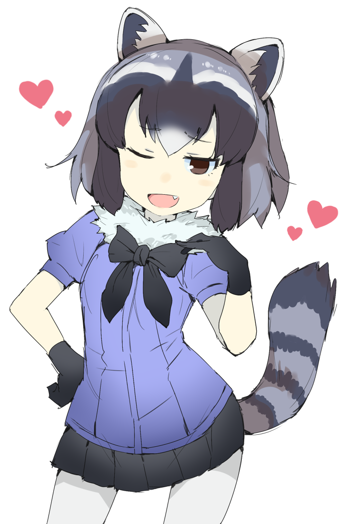 1girl animal_ears black_hair black_skirt blouse blue_blouse bow bowtie brown_eyes commentary_request common_raccoon_(kemono_friends) cowboy_shot eyebrows_visible_through_hair fang fur_collar gedou_(ge_ge_gedou) gloves hand_on_hip head_tilt heart kemono_friends looking_at_viewer miniskirt multicolored_hair open_mouth pantyhose pleated_skirt puffy_short_sleeves puffy_sleeves raccoon raccoon_ears raccoon_tail short_hair short_sleeves skirt smile smug solo standing striped_tail tail white_background white_legwear