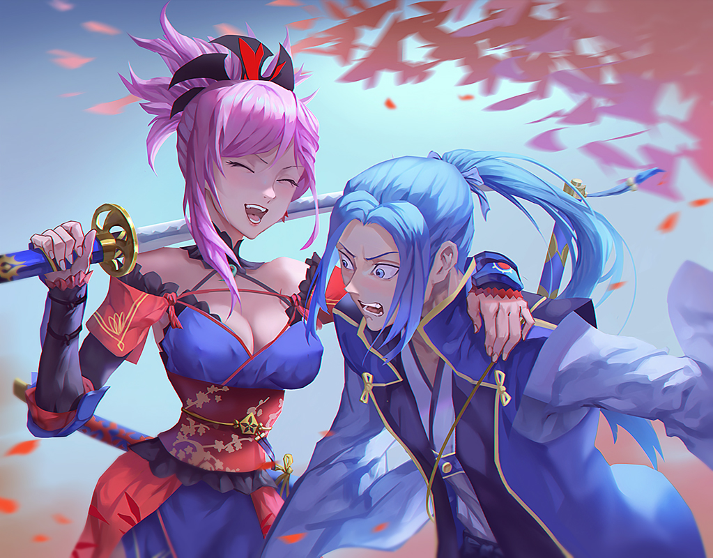 1boy 1girl :d assassin_(fate/stay_night) blue_eyes blue_hair blush breasts cleavage detached_sleeves fate/grand_order fate_(series) hand_on_another's_shoulder holding holding_sword holding_weapon japanese_clothes ji_wuming katana large_breasts laughing long_hair miyamoto_musashi_(fate/grand_order) open_mouth over_shoulder petals pink_hair pixiv_fate/grand_order_contest_2 ponytail scabbard sheath short_hair smile surprised sword sword_over_shoulder weapon weapon_over_shoulder