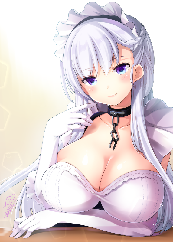 1girl apron azuma_yuki azur_lane bangs belfast_(azur_lane) braid breasts chains cleavage collar collarbone commentary_request corset eyebrows_visible_through_hair french_braid frilled_apron frilled_gloves frills gloves huge_breasts looking_at_viewer maid maid_headdress silver_hair smile solo white_gloves