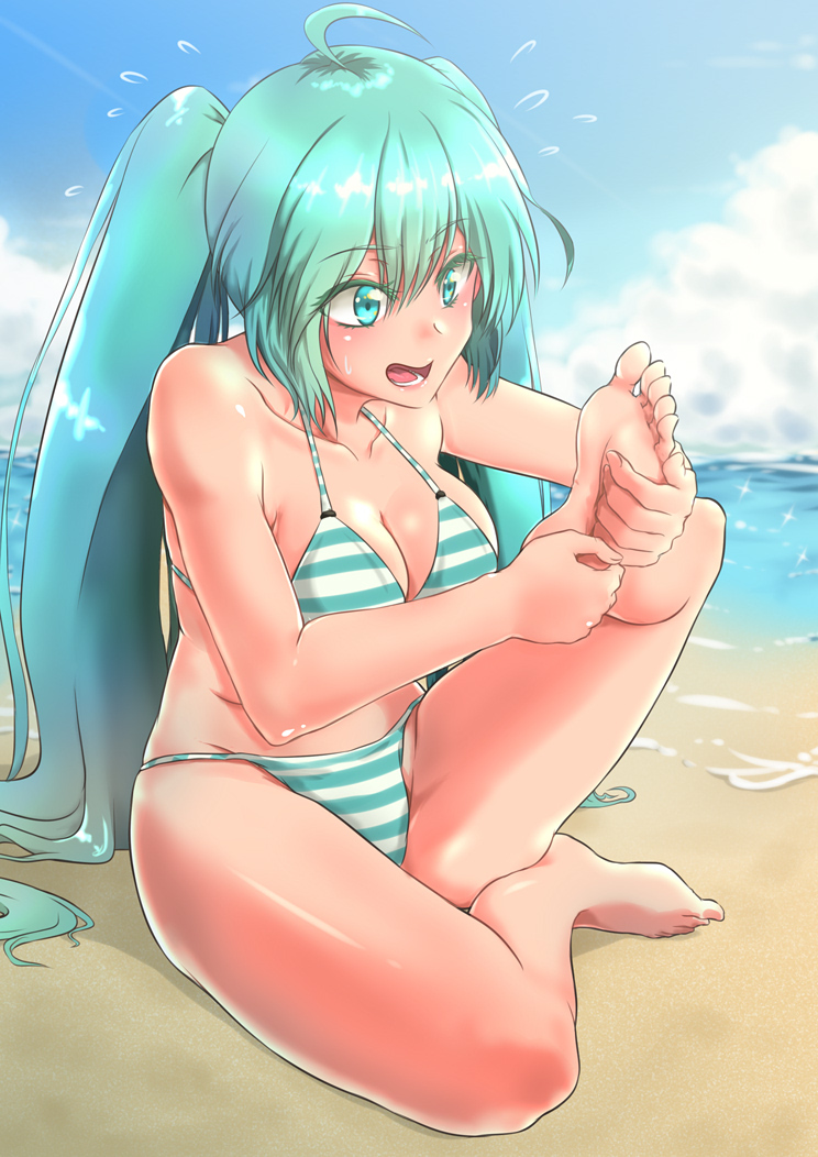 1girl ahoge aqua_bikini aqua_eyes aqua_hair barefoot beach bikini blue_sky breasts cleavage clouds day feet flying_sweatdrops hands_on_feet hatsune_miku horizon long_hair medium_breasts ocean open_mouth outdoors sitting sky soles solo striped striped_bikini swimsuit twintails very_long_hair vocaloid water yamauchi_(conan-comy)