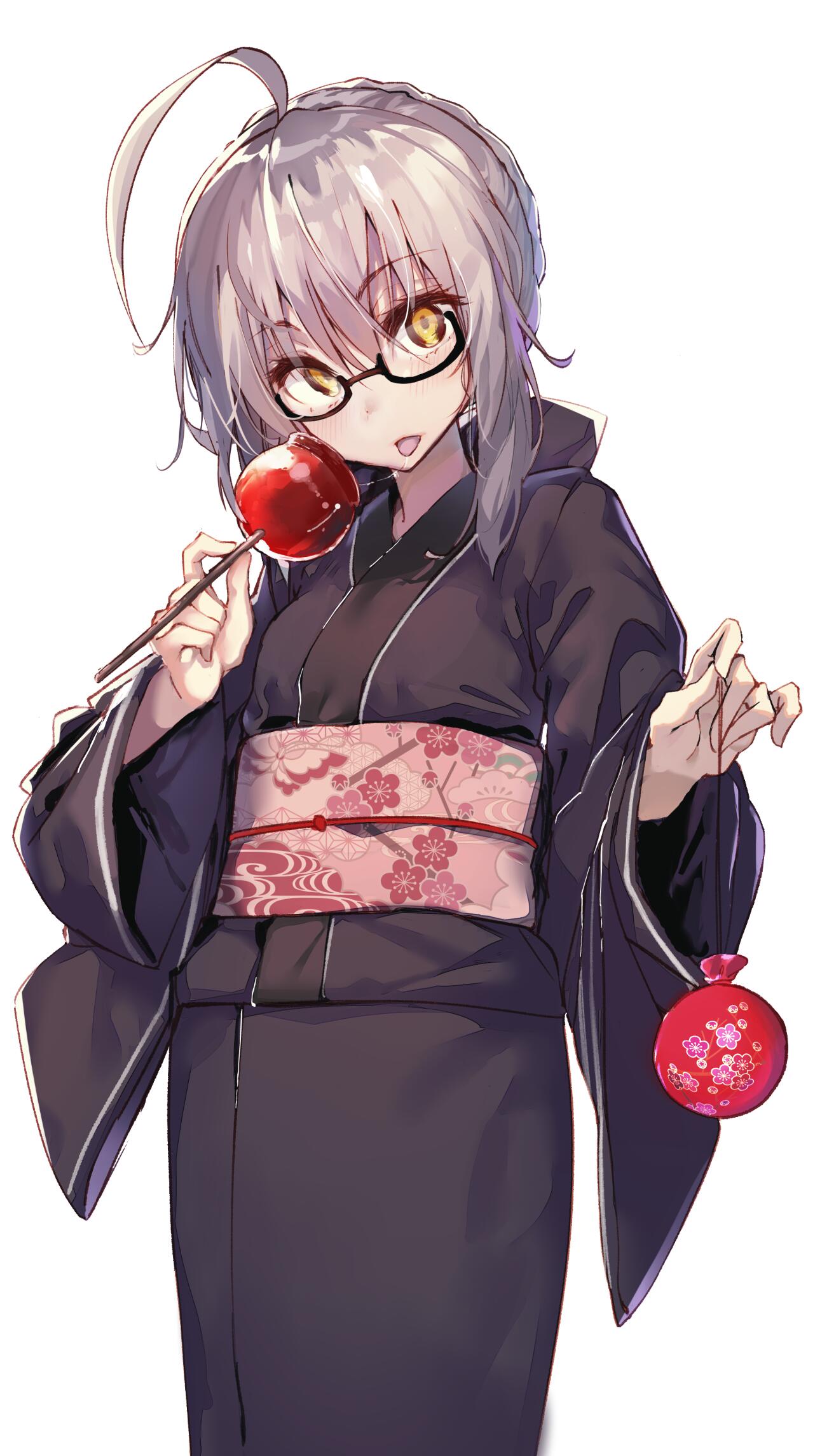 1girl ahoge akieda artoria_pendragon_(all) black-framed_eyewear blonde_hair blush candy_apple commentary_request dress eyebrows_visible_through_hair fate/grand_order fate_(series) food highres japanese_clothes kimono looking_at_viewer mysterious_heroine_x_(alter) open_mouth ribbon semi-rimless_eyewear short_hair simple_background solo under-rim_eyewear white_background yellow_eyes