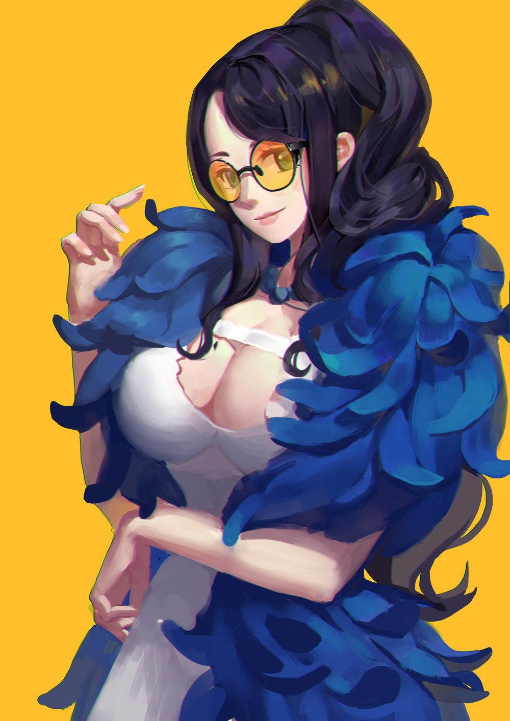 1girl black-framed_eyewear black_hair breasts cleavage dress duzie_e feather_boa high_ponytail highres huge_breasts lips long_hair nico_robin one_piece one_piece_film_gold ponytail sidelocks simple_background smile solo sunglasses upper_body wavy_hair yellow_background