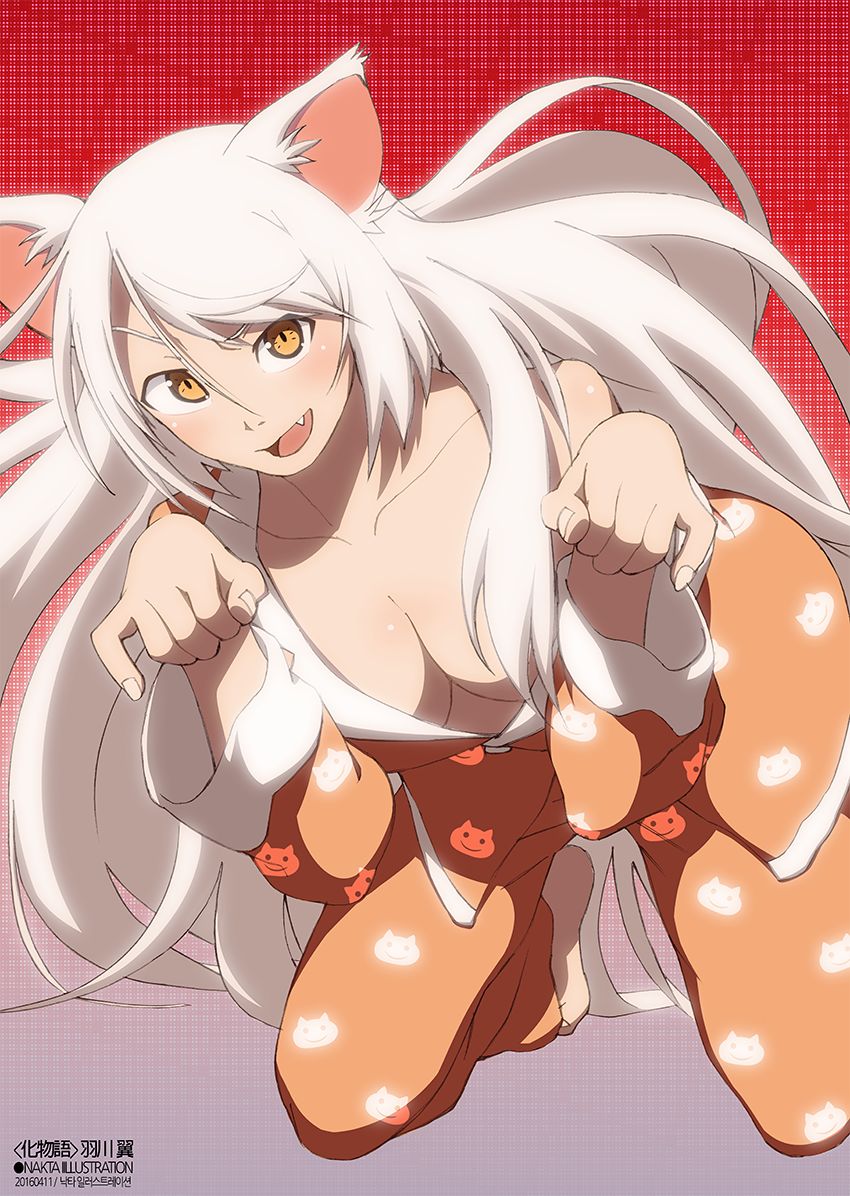 1girl :d animal_ears animal_print bakemonogatari barefoot black_hanekawa breasts cat_ears cat_print cleavage commentary_request fang hanekawa_tsubasa kneeling large_breasts long_hair monogatari_(series) nakta open_mouth pajamas paw_pose print_pajamas smile solo very_long_hair white_hair yellow_eyes