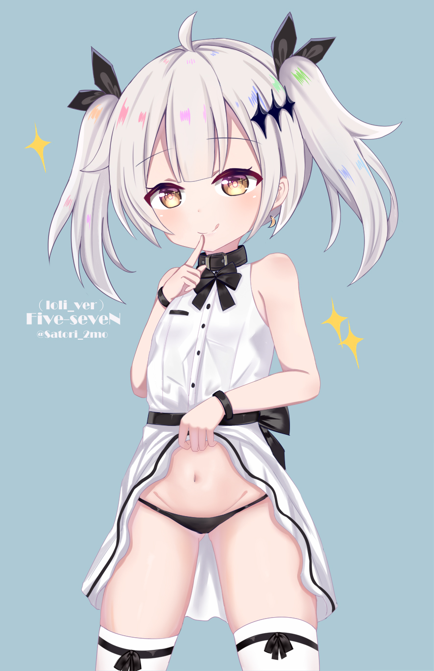 1girl :q ahoge bangs bare_shoulders black_bow black_panties black_ribbon blue_background blush bow brown_eyes character_name closed_mouth crescent crescent_earrings dress dress_lift earrings eyebrows_visible_through_hair finger_to_mouth five-seven_(girls_frontline) girls_frontline gluteal_fold groin hair_ornament hair_ribbon hand_up head_tilt highres jewelry lifted_by_self looking_at_viewer navel panties ribbon satori_(ymoy) silver_hair simple_background sleeveless sleeveless_dress smile solo sparkle thigh-highs tongue tongue_out twintails underwear white_dress white_legwear