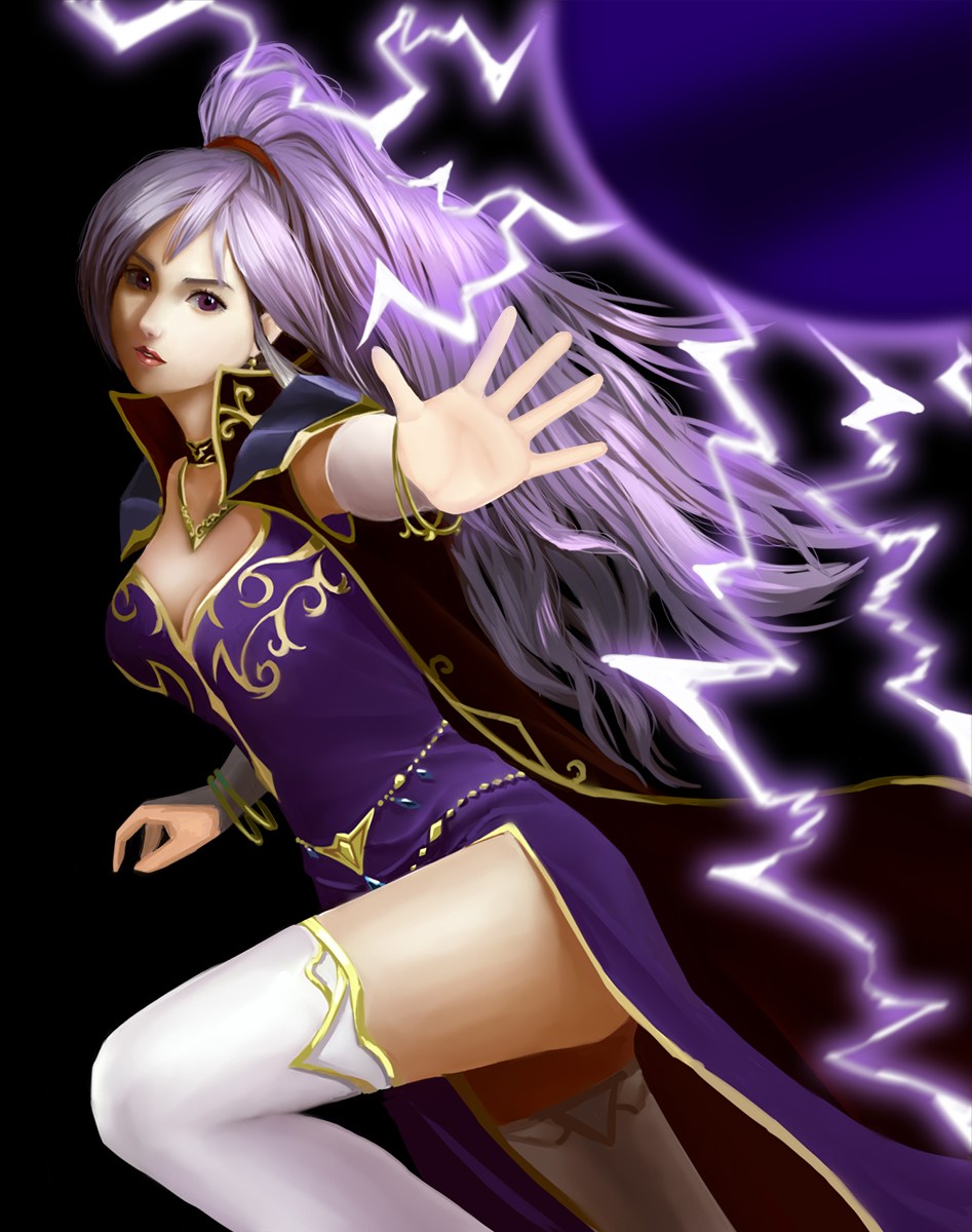 1girl breasts cleavage commentary_request dress earrings electricity fire_emblem fire_emblem:_seisen_no_keifu highres ishtar_(fire_emblem) jewelry long_hair magic outstretched_arm ponytail purple_dress purple_hair side_slit solo th6313 thigh-highs violet_eyes white_legwear