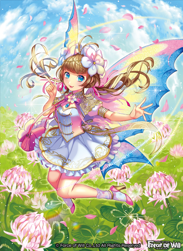 1girl blue_eyes blush brown_hair circlet clouds copyright_name fairy fairy_wings flower force_of_will grass hair_flower hair_ornament high_heels leaf long_hair low_twintails matsurika_youko official_art open_mouth petals sky solo sparkle twintails wings