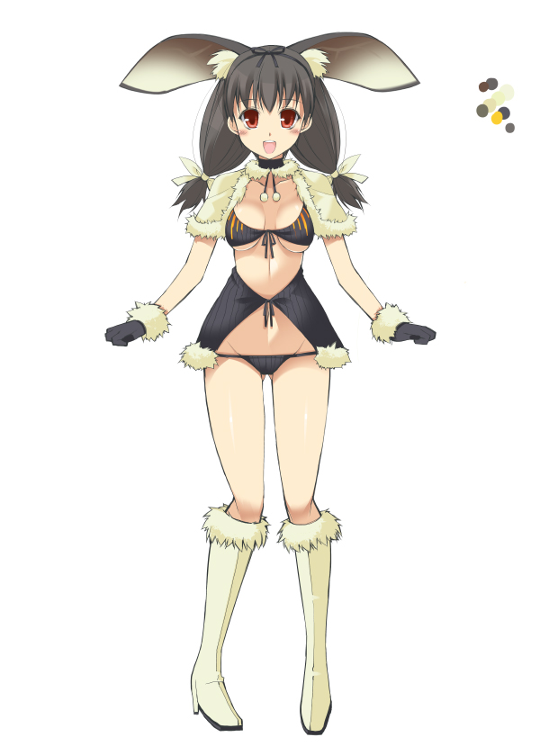 1girl :d animal_ears bikini black_bikini black_gloves blush boots breasts brown_hair capelet character_request color_guide full_body fur_trim gloves hairband high_heel_boots high_heels looking_at_viewer low_twintails medium_breasts monster_hunter oota_yuuichi open_mouth personification rabbit_ears red_eyes round_teeth simple_background smile solo standing swimsuit teeth twintails white_background white_footwear