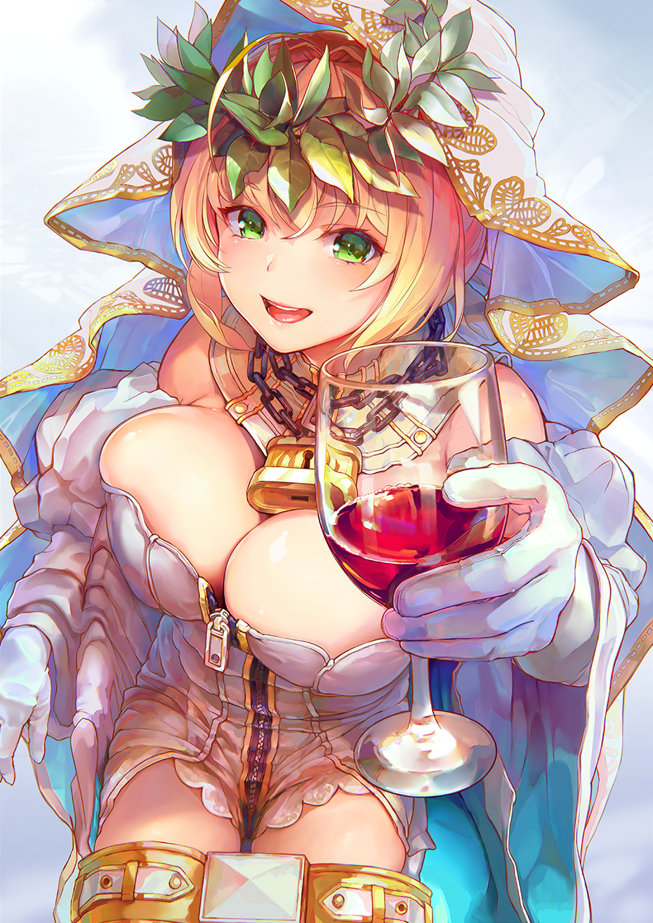 1girl alcohol belt blonde_hair breasts bursting_breasts chains cleavage cowboy_shot cup drinking_glass fate/grand_order fate_(series) gloves green_eyes highres holding holding_drinking_glass large_breasts lock looking_at_viewer nero_claudius_(bride)_(fate) nero_claudius_(fate)_(all) open_mouth padlock short_hair smile solo tocope veil white_gloves wine wine_glass zipper