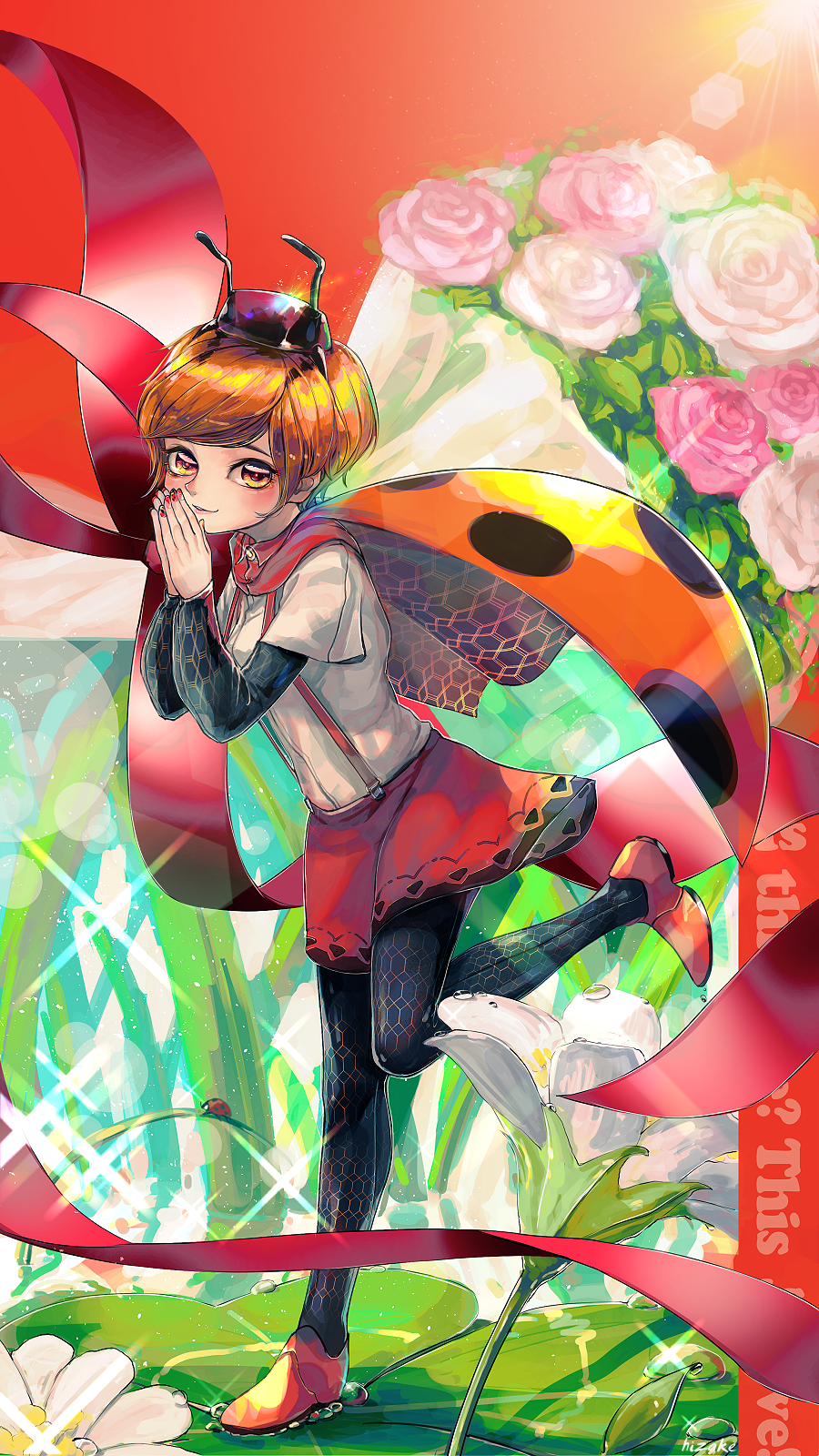 1girl antennae bangs black_legwear brown_eyes brown_hair brown_hat bug commentary dew_drop english_commentary flower glint hands_up hat highres insect insect_girl kashu_(hizake) ladybug ladybug_wings leaf leg_up lens_flare long_sleeves looking_at_viewer minigirl nail_art nail_polish orange_hair original own_hands_together pantyhose parted_lips pink_flower pink_ribbon pink_rose print_legwear red_background red_footwear red_nails red_skirt ribbon rose shiny shiny_hair shirt shoes short_hair short_over_long_sleeves skirt smile solo standing standing_on_one_leg suspender_skirt suspenders water water_drop white_flower white_shirt
