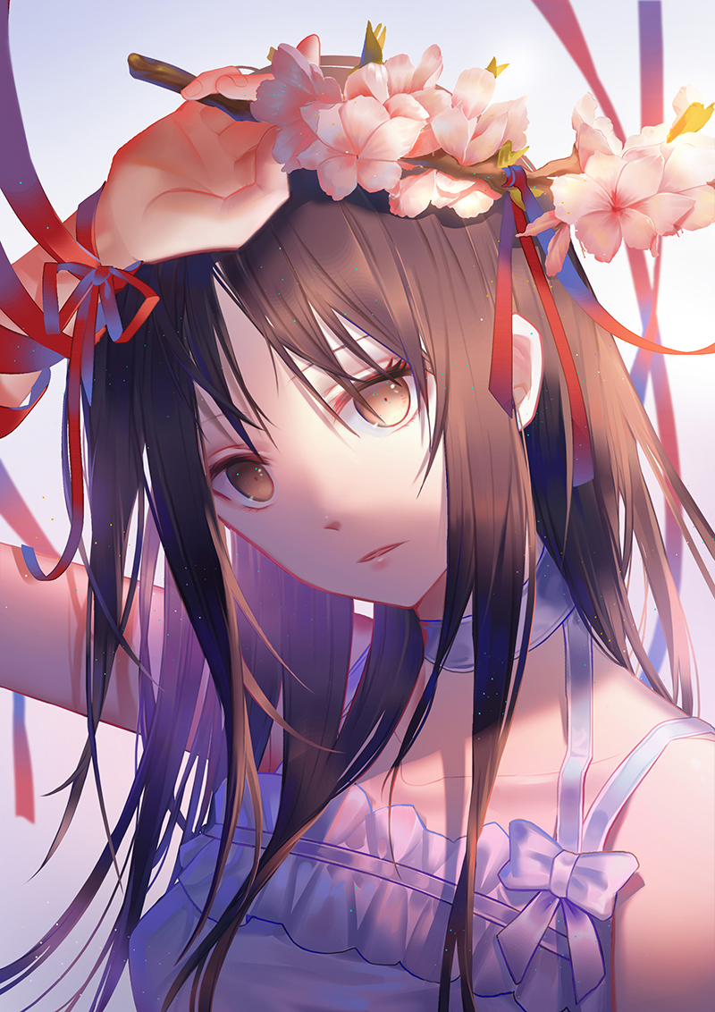 1girl brown_eyes brown_hair cherry_blossoms dress flower gradient gradient_background hand_up long_hair looking_at_viewer original portrait red_ribbon ribbon shenteita simple_background solo white_dress