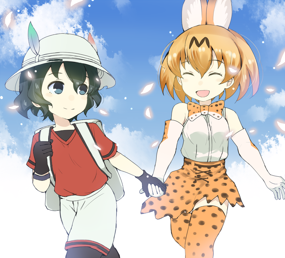 2girls animal_ears backpack bag bangs black_eyes black_gloves black_hair black_legwear bow bowtie closed_mouth clouds cloudy_sky cowboy_shot day elbow_gloves extra_ears eyebrows_visible_through_hair fur_collar gedou_(ge_ge_gedou) gloves glowing_feather hair_between_eyes hand_holding hat hat_feather helmet high-waist_skirt kaban_(kemono_friends) kemono_friends looking_at_another looking_back multiple_girls open_mouth outdoors pantyhose pith_helmet print_gloves print_legwear print_neckwear print_skirt red_shirt serval_(kemono_friends) serval_ears serval_print serval_tail shirt short_hair short_sleeves shorts skirt sky sleeveless sleeveless_shirt smile standing striped_tail tail wavy_hair white_gloves white_hat white_shorts yellow_legwear yellow_neckwear yellow_skirt