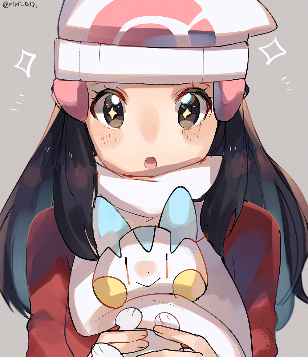 +_+ 1girl :&gt; :o black_hair eyelashes gen_4_pokemon grey_background grey_eyes hat hikari_(pokemon) looking_at_viewer open_mouth pachirisu pokemon pokemon_(creature) pokemon_(game) pokemon_dppt ririmon scarf sparkle straight_hair twitter_username upper_body white_hat white_scarf |_|