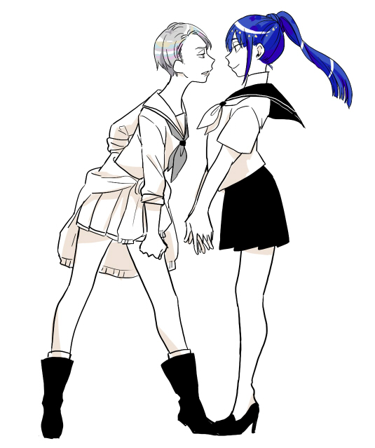 2others alternate_costume androgynous artist_request blue_hair boots cairngorm_(houseki_no_kuni) clothes_around_waist contemporary face-to-face grey_hair houseki_no_kuni lapis_lazuli_(houseki_no_kuni) leaning_forward long_hair looking_at_another multiple_others phosphophyllite phosphophyllite_(ll) ponytail sailor_collar school_uniform short_hair silver_hair skirt sleeves_rolled_up smile spoilers sweater_around_waist white_background