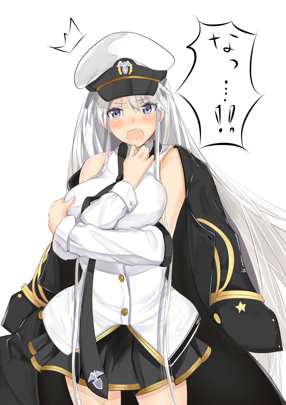 1girl :o azur_lane black_skirt blue_eyes blush breasts commentary_request detached_sleeves enterprise_(azur_lane) hat highres jacket_on_shoulders large_breasts long_hair loose_necktie military_hat miniskirt necktie peaked_cap pleated_skirt schreibe_shura silver_hair skirt solo translated