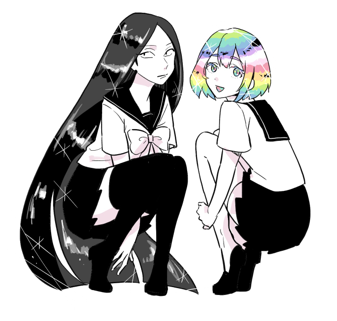 2others alternate_costume androgynous artist_request black_eyes black_hair bort contemporary diamond_(houseki_no_kuni) houseki_no_kuni long_hair looking_at_viewer multicolored multicolored_eyes multicolored_hair multiple_others rainbow_eyes rainbow_hair sailor_collar school_uniform short_hair skirt smile sparkle squatting thigh-highs very_long_hair white_background