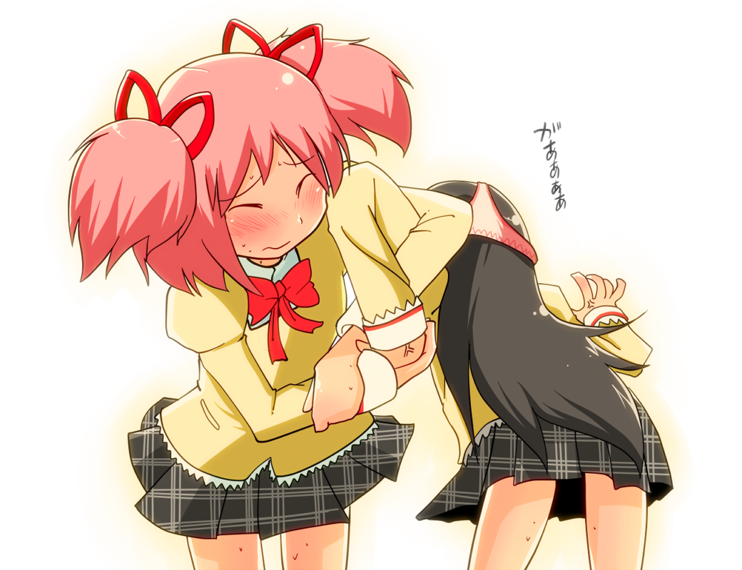 2girls :s akemi_homura back black_hair black_skirt blush bow closed_eyes hair_ribbon juliet_sleeves kaname_madoka long_hair long_sleeves mahou_shoujo_madoka_magica miniskirt multiple_girls object_on_head pain panties panties_on_head pervert pink_hair pink_panties pleated_skirt puffy_sleeves rariatto_(ganguri) ribbon school_uniform short_twintails skirt submission_hold sweat sweater twintails underwear veins wavy_mouth wrestling wrist_grab yellow_sweater yuri