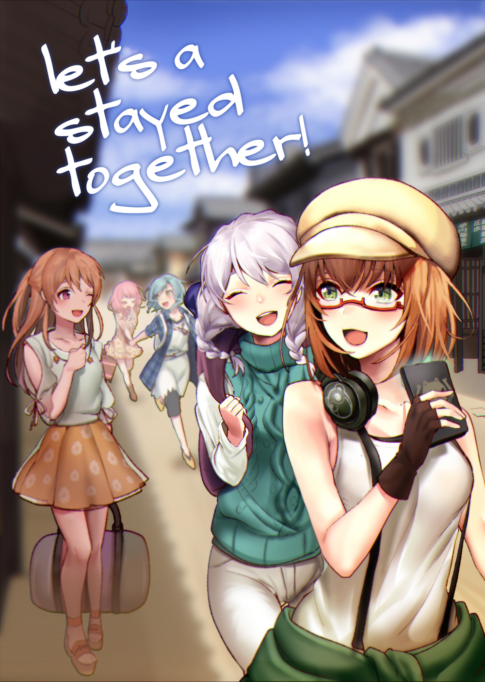 5girls :d ;d ^_^ ankle_strap bag bang_dream! bangs beige_hat black_pants blonde_hair blue_hair blue_shirt blurry blurry_background boots braid brown_footwear brown_hair cabbie_hat capri_pants cellphone closed_eyes clothes_around_waist collarbone commentary_request cover cover_page doujin_cover dragging dress engrish floral_print glasses green_eyes grey_pants half_updo hand_holding hand_on_own_chest handbag hat headphones headphones_around_neck highres hikawa_hina holding holding_bag holding_phone holding_strap house jacket_around_waist jewelry long_hair long_shirt long_sleeves looking_back maruyama_aya multiple_girls necklace nochita_shin one_eye_closed open_mouth outdoors pants pants_under_dress pastel_palettes phone pink_hair plaid plaid_shirt print_skirt ranguage round_teeth running sandals semi-rimless_eyewear shirasagi_chisato shirt short_hair shoulder_cutout skirt smartphone smile suspenders sweater_vest tank_top teeth turtleneck twin_braids under-rim_eyewear upper_teeth violet_eyes wakamiya_eve white_dress white_hair white_tank_top yamato_maya yellow_dress yellow_footwear yellow_skirt