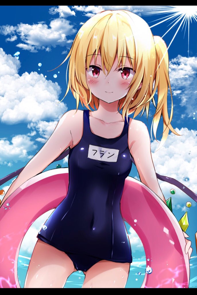 1girl bare_arms bare_shoulders blonde_hair blue_sky blush breasts clouds collarbone commentary_request competition_school_swimsuit covered_navel cowboy_shot crystal day eyebrows_visible_through_hair flandre_scarlet gluteal_fold hair_between_eyes holding hyurasan letterboxed lifebuoy looking_at_viewer name_tag no_hat no_headwear one-piece_swimsuit one_side_up outdoors red_eyes shiny shiny_clothes short_hair sky small_breasts smile solo standing sun swimsuit touhou translated water wings