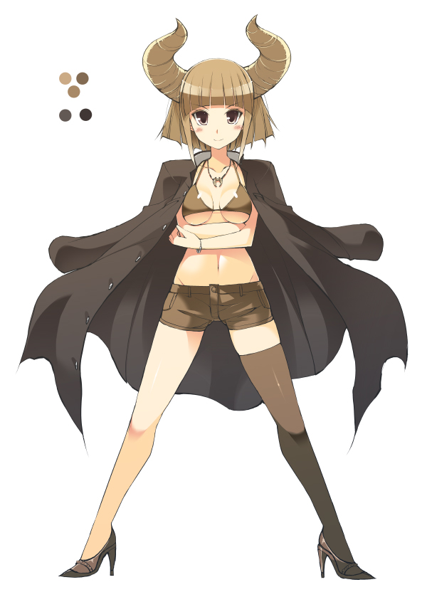1girl :d bangs bare_shoulders bikini_top black_jacket blonde_hair blunt_bangs blush breasts choker closed_mouth color_guide commentary_request crossed_arms dark_skin detached_sleeves diablos full_body grey_choker grey_eyes grey_hair grey_legwear hat horns jacket jacket_on_shoulders large_breasts legs_apart long_sleeves looking_at_viewer monster_hunter navel oota_yuuichi open_mouth personification short_hair short_shorts shorts simple_background single_thighhigh smile solo standing striped striped_legwear thigh-highs vertical-striped_legwear vertical_stripes white_background