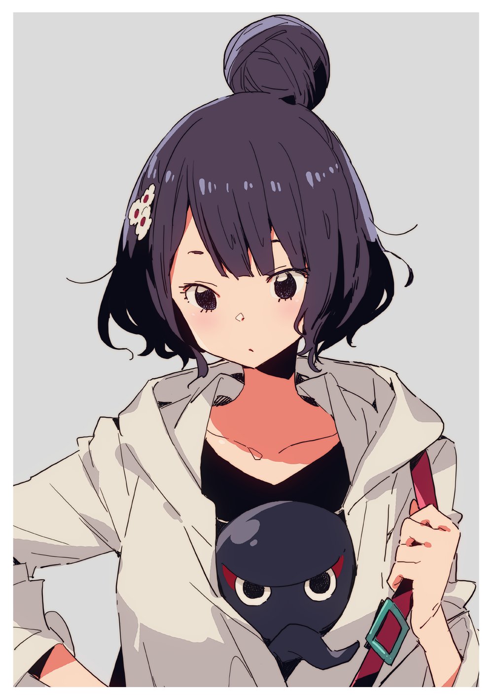 1girl alternate_costume alternate_hairstyle bangs black_hair black_shirt closed_mouth commentary_request fate/grand_order fate_(series) flower grey_background hair_bun hair_flower hair_ornament highres hood hoodie imigimuru katsushika_hokusai_(fate/grand_order) light_blush looking_down octopus open_clothes open_hoodie parted_bangs shirt short_hair simple_background solo strap white_border