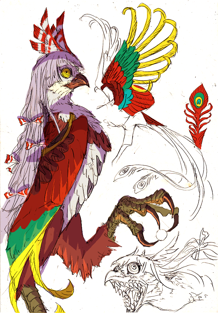 animalization asparrowthanasnail-oji beak bird bow claws feathered_wings feathers fujiwara_no_mokou green_feathers hair_bow hair_ribbon long_hair no_humans phoenix red_feathers ribbon sharp_teeth simple_background sketch solo teeth touhou white_background white_hair wings yellow_eyes yellow_feathers