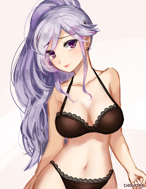 1girl artist_name black_bra black_panties blush bra breasts chocojax cleavage collarbone earrings fire_emblem fire_emblem:_seisen_no_keifu fire_emblem_heroes head_tilt ishtar_(fire_emblem) jewelry lace lace-trimmed_bra lace-trimmed_panties large_breasts lavender_hair light_smile long_hair looking_at_viewer midriff navel panties ponytail solo tears underwear violet_eyes