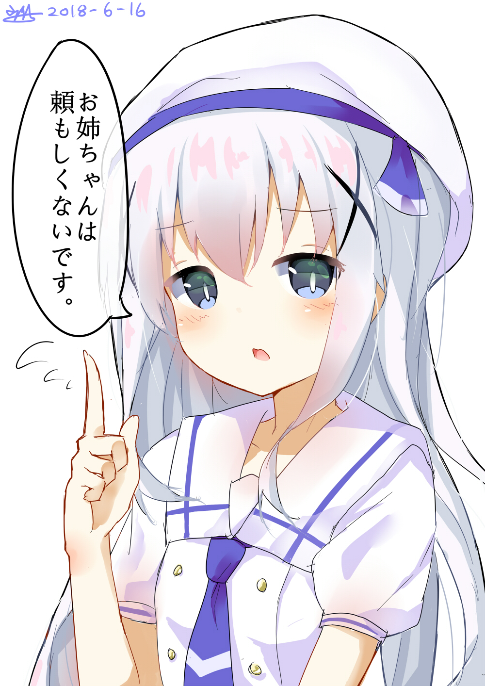 1girl bangs beret blue_eyes blue_neckwear blush commentary_request dated dreamusun eyebrows_visible_through_hair fingernails flying_sweatdrops gochuumon_wa_usagi_desu_ka? hair_between_eyes hair_ornament hand_up hat highres index_finger_raised kafuu_chino kafuu_chino's_school_uniform long_hair looking_at_viewer necktie parted_lips puffy_short_sleeves puffy_sleeves school_uniform shirt short_sleeves signature silver_hair simple_background solo translated white_background white_hat white_shirt x_hair_ornament