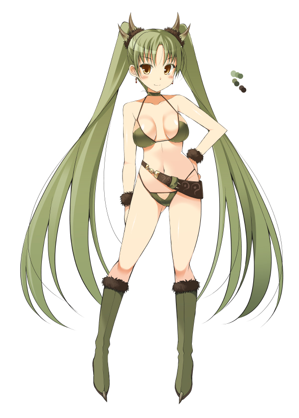 1girl belt bikini blush boots breasts brown_eyes character_request closed_mouth color_guide contrapposto earrings full_body fur_trim gluteal_fold green_bikini green_footwear green_hair hand_on_hip horns jewelry knee_boots long_hair looking_at_viewer medium_breasts monster_hunter navel oota_yuuichi personification simple_background smile solo standing swimsuit twintails very_long_hair white_background wristband