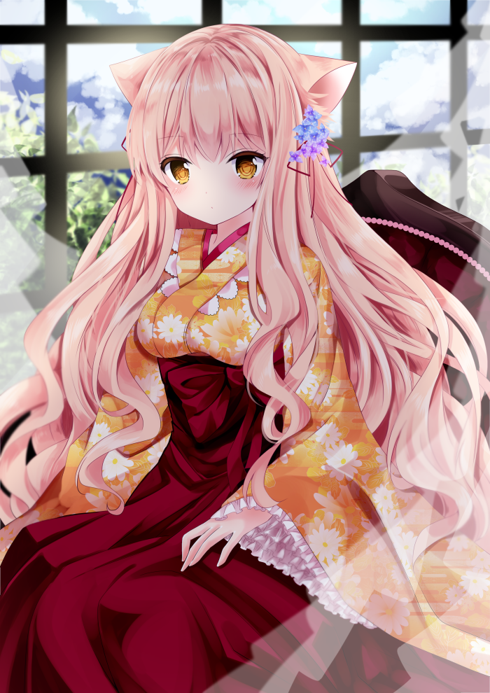 1girl animal_ears bangs blue_flower blue_sky blush brown_eyes cat_ears closed_mouth clouds cloudy_sky commentary_request day eyebrows_visible_through_hair floral_print flower frilled_sleeves frills hair_between_eyes hair_flower hair_ornament hair_ribbon hakama indoors japanese_clothes kimono light_brown_hair long_hair long_sleeves looking_at_viewer nanase_kureha nanase_nao orange_kimono original print_kimono purple_flower red_hakama red_ribbon ribbon sitting sky sleeves_past_wrists solo very_long_hair wide_sleeves window