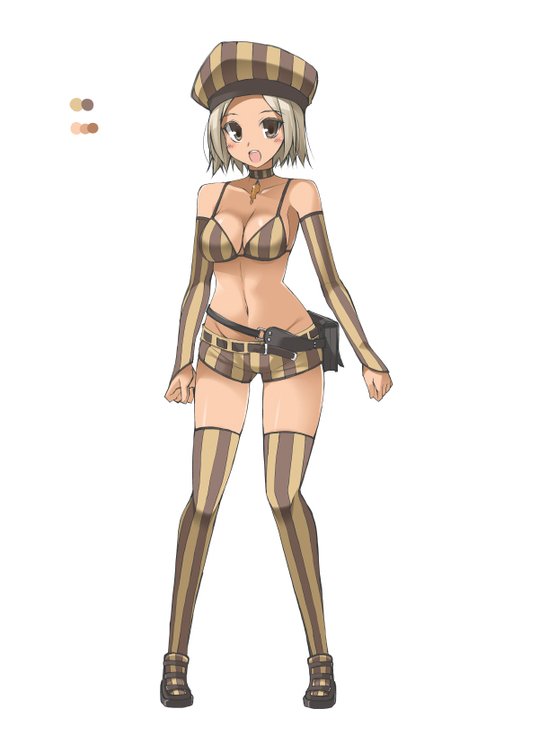 1girl :d bare_shoulders belt bikini_top blush breasts character_request choker color_guide dark_skin detached_sleeves full_body grey_choker grey_hair grey_legwear hat large_breasts long_sleeves micro_shorts monster_hunter navel oota_yuuichi open_mouth personification short_hair short_shorts shorts simple_background smile solo standing striped striped_legwear thigh-highs vertical-striped_legwear vertical_stripes white_background