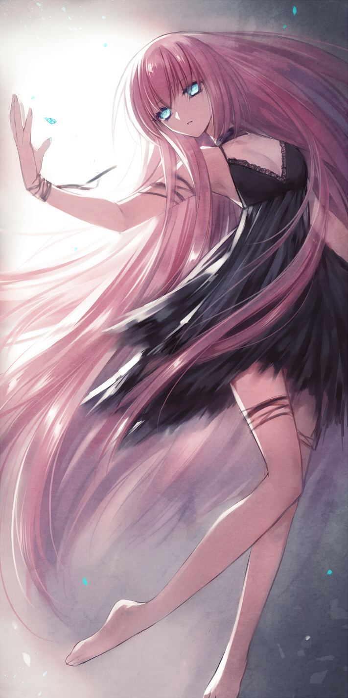 1girl aqua_eyes barefoot black_dress dress full_body highres long_hair megurine_luka mekariruwii pink_hair sleeveless sleeveless_dress solo very_long_hair vocaloid