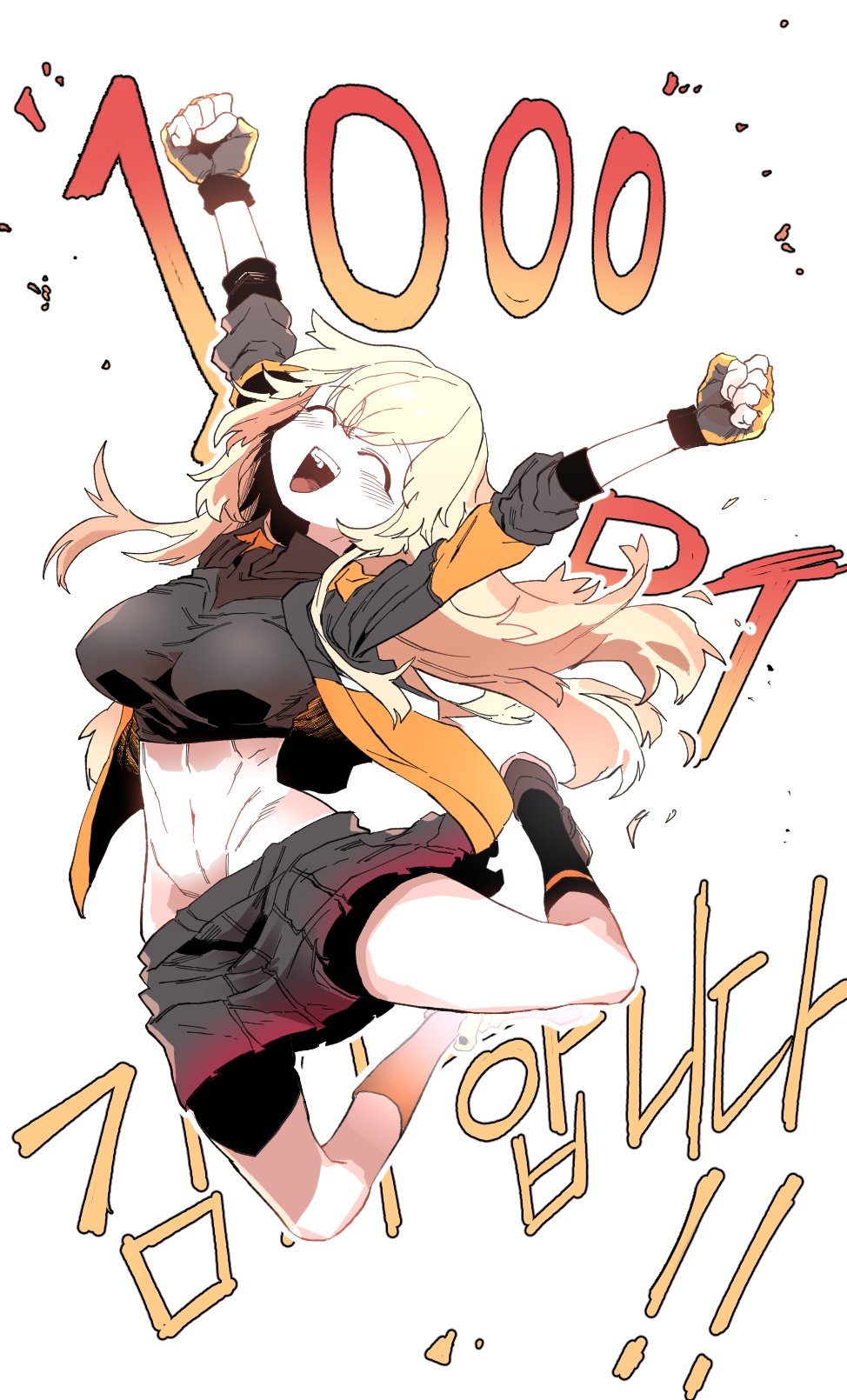 black_shorts blonde_hair breasts fingerless_gloves floating_hair girls_frontline gloves highres idohj12 jacket jumping large_breasts long_hair open_mouth s.a.t.8_(girls_frontline) shorts smile yellow_gloves yellow_jacket