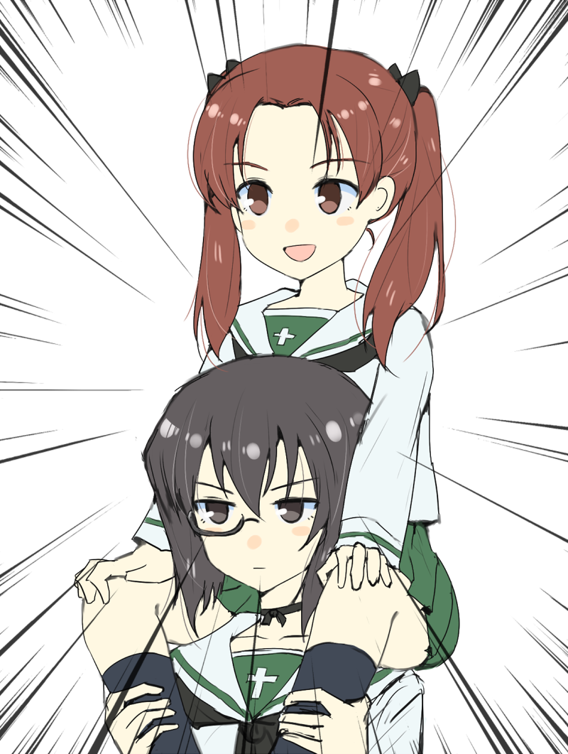 2girls :d :| bangs black-framed_eyewear black_eyes black_hair black_legwear black_neckwear black_ribbon blouse blush_stickers brown_eyes brown_hair carrying choker closed_mouth emphasis_lines eyebrows_visible_through_hair gedou_(ge_ge_gedou) girls_und_panzer green_skirt hair_ribbon hands_on_own_knees kadotani_anzu kawashima_momo long_hair long_sleeves looking_to_the_side miniskirt monocle multiple_girls neckerchief ooarai_school_uniform open_mouth parted_bangs pleated_skirt ribbon ribbon_choker school_uniform semi-rimless_eyewear serafuku short_hair shoulder_carry skirt smile socks twintails under-rim_eyewear white_blouse