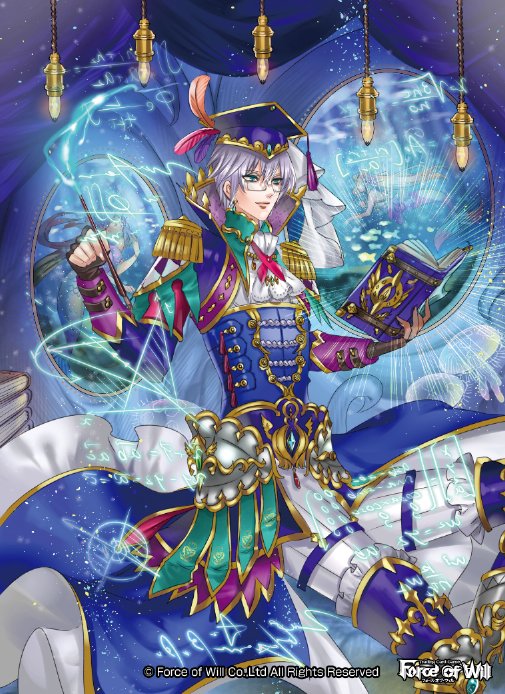 1boy alisaris_(force_of_will) banamons book copyright_name curtains epaulettes faceless faceless_female feathers force_of_will glasses green_eyes hat lamp male_focus mermaid monster_girl official_art pencil solo sparkle white_hair