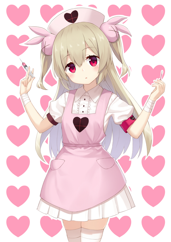 &gt;_&lt; 1girl armband bangs blush bunny_hair_ornament center_frills collared_shirt commentary_request cotton_swab eyebrows_visible_through_hair frills hair_between_eyes hair_ornament hands_up hat head_tilt heart heart_background heijialan holding holding_syringe light_brown_hair long_hair looking_at_viewer natori_sana nurse_cap outline parted_lips pink_hat pleated_skirt puffy_short_sleeves puffy_sleeves red_eyes sana_channel shirt short_sleeves simple_background skirt solo syringe thigh-highs two_side_up very_long_hair virtual_youtuber white_background white_legwear white_outline white_shirt white_skirt