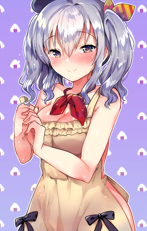 1girl apron bangs bare_arms bare_shoulders beige_apron beret black_bow black_hat blush bow breasts cleavage closed_mouth collarbone commentary_request eyebrows_visible_through_hair fingernails food hair_between_eyes hair_ribbon hat holding ichihaya kantai_collection kashima_(kantai_collection) long_hair medium_breasts naked_apron neckerchief nose_blush onigiri purple_background red_neckwear ribbon silver_hair smile solo striped striped_ribbon twintails