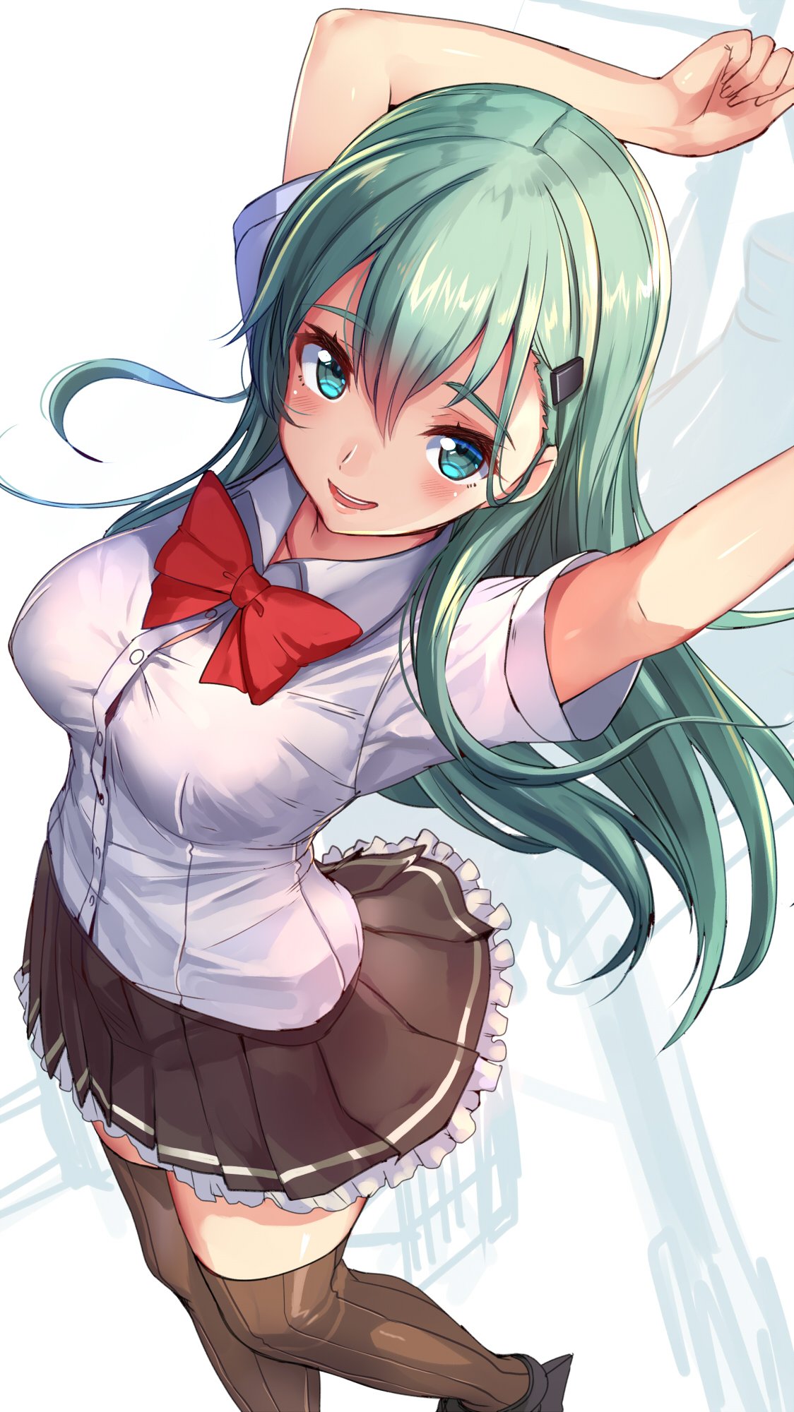 1girl akasaai aqua_hair arm_up blue_eyes blush bow bowtie breasts brown_legwear brown_skirt buttons collarbone frilled_skirt frills from_above hair_between_eyes hair_ornament hairclip highres kantai_collection large_breasts long_hair looking_at_viewer open_mouth pleated_skirt red_neckwear remodel_(kantai_collection) rigging shirt sidelocks simple_background skirt smokestack solo striped striped_skirt suzuya_(kantai_collection) thigh-highs white_background white_shirt