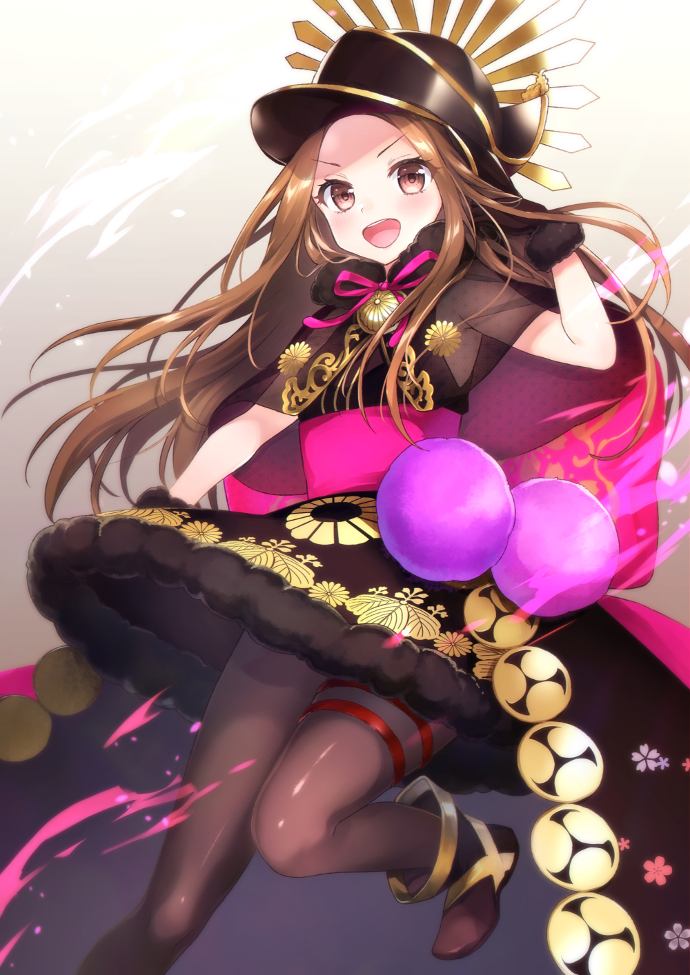 1girl akariko blush bow brown_eyes brown_hair chacha_(fate/grand_order) commentary_request fate/grand_order fate_(series) gloves hat highres long_hair looking_at_viewer open_mouth pantyhose smile solo