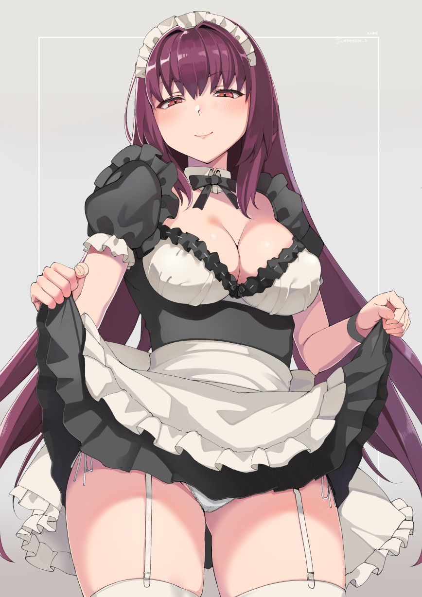 1girl alternate_costume apron bangs black_dress blush breasts cleavage commentary_request detached_collar dress enmaided fate/grand_order fate_(series) frills garter_straps grey_background hair_between_eyes hair_intakes highres hips large_breasts long_hair looking_at_viewer maid maid_apron maid_headdress neck_ribbon nuko_(mikupantu) panties puffy_short_sleeves puffy_sleeves purple_hair red_eyes ribbon scathach_(fate/grand_order) short_sleeves simple_background skirt skirt_lift smile solo thigh-highs thighs underwear waist_apron white_legwear white_panties wrist_cuffs