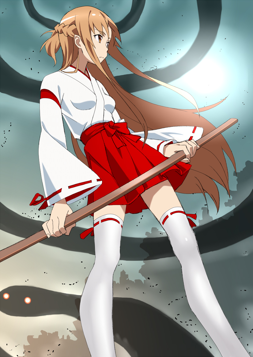 1girl 2013 asuna_(sao) bangs braid breasts brown_eyes brown_hair chinese_zodiac detached_sleeves french_braid from_below full_moon glowing glowing_eyes japanese_clothes kurai_nao long_hair medium_breasts miko moon red_eyes red_skirt sidelocks skirt snake sword sword_art_online thigh-highs very_long_hair weapon white_legwear wide_sleeves wooden_sword year_of_the_snake zettai_ryouiki