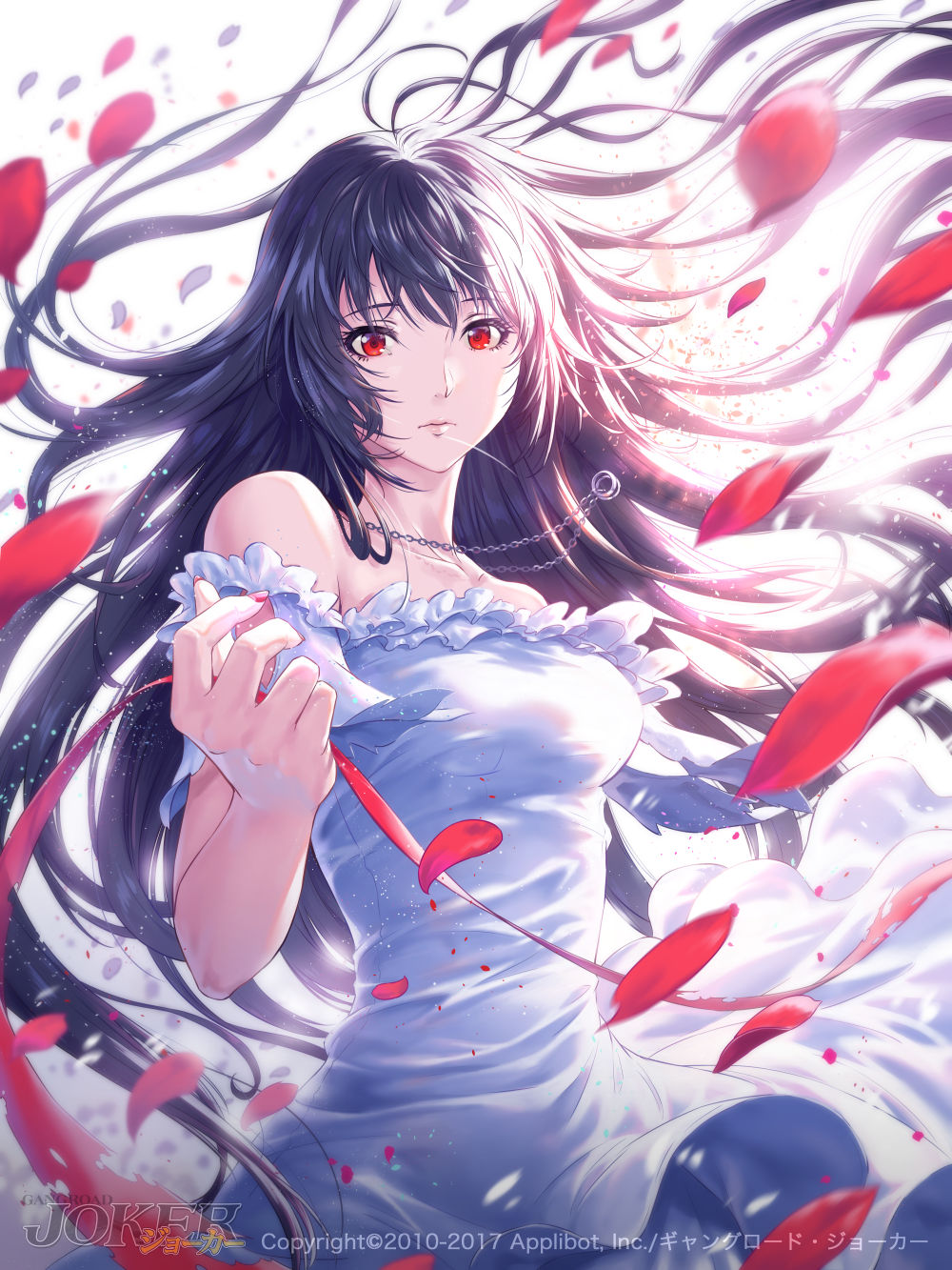 1girl alternate_costume bangs bare_shoulders black_hair breasts closed_mouth collarbone copyright copyright_name dress floating_hair furyou_michi_~gang_road~ hand_up head_tilt highres jewelry large_breasts light_particles long_hair looking_at_viewer nail_polish necklace official_art original petals pink_nails red_eyes red_ribbon ribbon ring sakiyamama shion_tatara sidelocks solo strapless strapless_dress torn_ribbon very_long_hair white_dress wind wind_lift