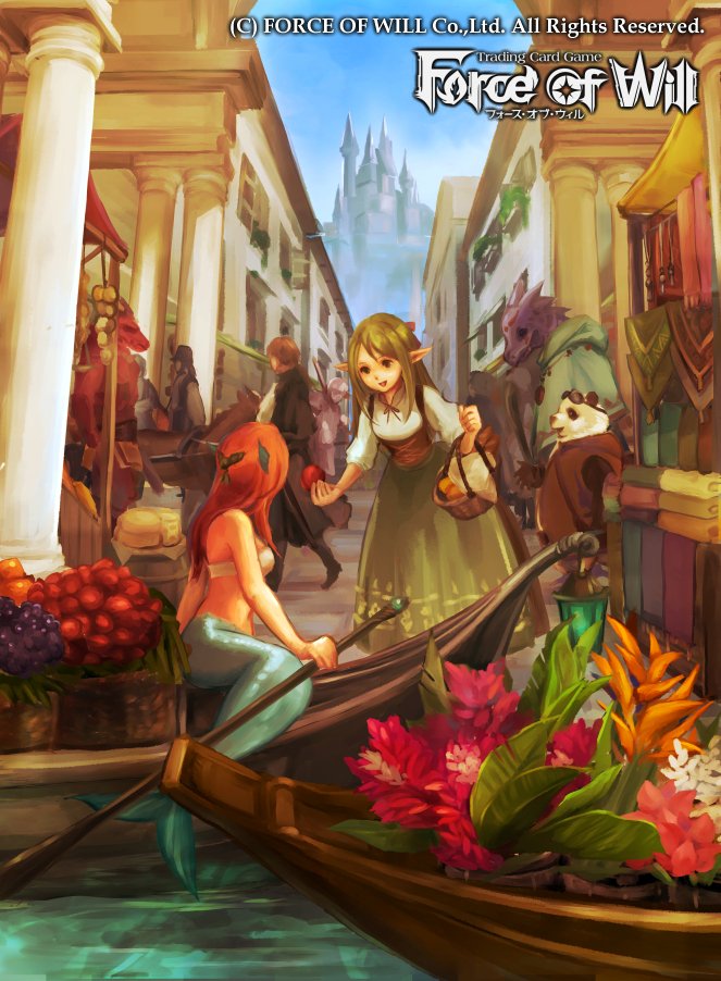 back bare_shoulders basket blonde_hair boat castle copyright_name elf faceless faceless_female faceless_male flower food force_of_will fruit furry hair_ornament leaf long_hair mermaid monster_girl official_art open_mouth orange_hair panda pointy_ears sky solo water watercraft