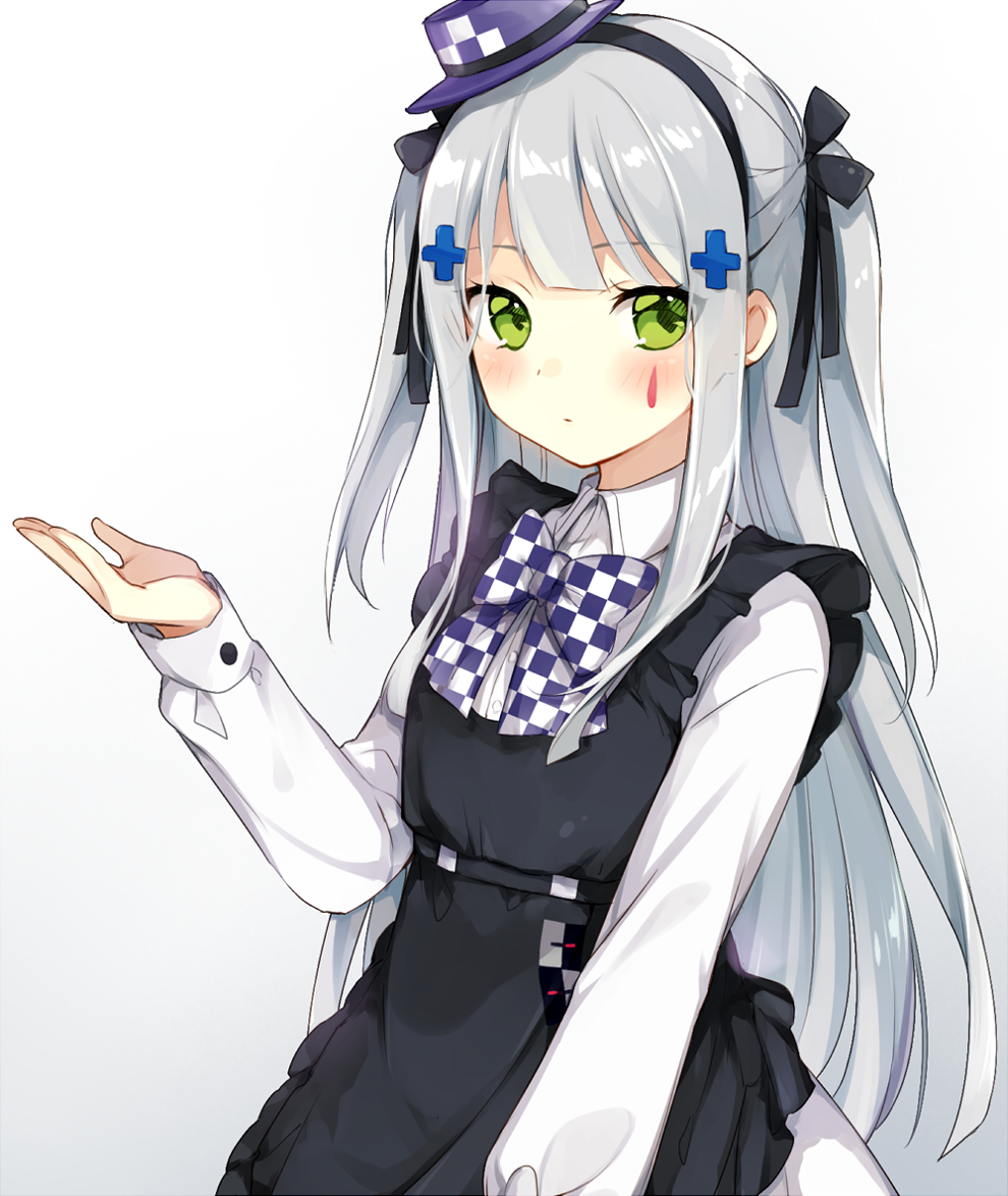 1girl apron bangs black_apron black_bow blush bow bowtie checkered checkered_neckwear closed_mouth collared_shirt commentary dress_shirt eyebrows_visible_through_hair facial_mark girls_frontline gradient gradient_background green_eyes grey_background hair_bow hair_ornament hand_up hat hk416_(girls_frontline) leafwow long_hair long_sleeves looking_at_viewer mini_hat purple_hat shirt silver_hair skirt solo two_side_up very_long_hair white_background white_shirt white_skirt