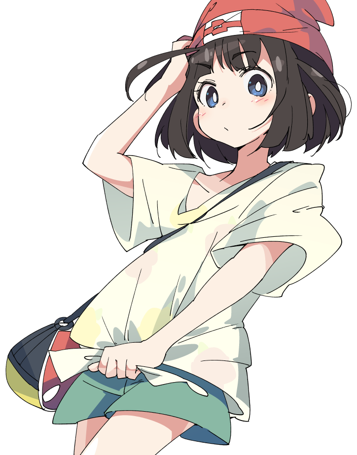 1girl :/ arm_up bag bangs bare_arms beanie black_hair blue_eyes blush bob_cut bright_pupils closed_mouth collarbone cowboy_shot eyebrows eyebrows_visible_through_hair eyelashes flat_chest floral_print green_shorts hand_on_headwear handbag hat ixy looking_at_viewer mizuki_(pokemon) poke_ball_theme pokemon pokemon_(game) pokemon_sm red_hat shirt shirt_tug short_hair short_sleeves shorts simple_background solo tied_shirt white_background white_pupils yellow_shirt