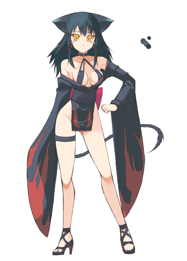 1girl animal_ears bikini black_bikini black_choker black_footwear black_hair character_request choker closed_mouth color_guide contrapposto earrings full_body high_heels japanese_clothes jewelry kimono long_hair long_sleeves looking_at_viewer monster_hunter obi oota_yuuichi orange_eyes pelvic_curtain personification sash simple_background solo standing swimsuit tail white_background wide_sleeves
