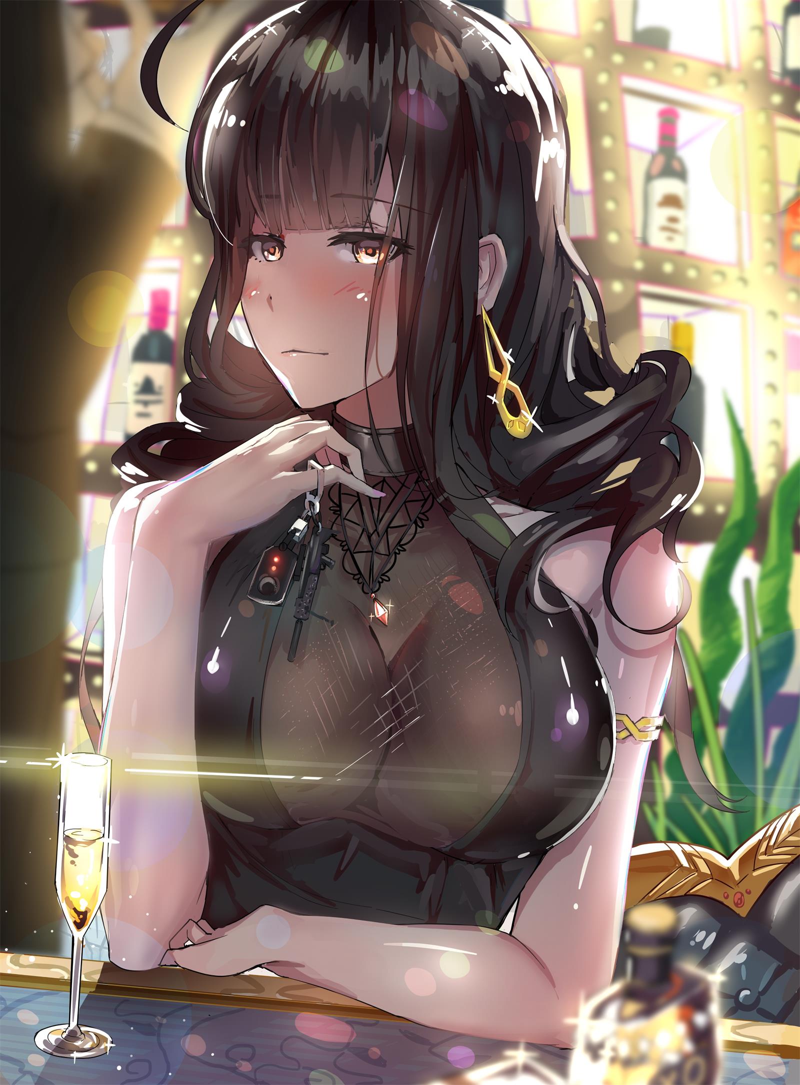 1girl ahoge alcohol alternate_costume armlet bad_id bad_pixiv_id bangs black_dress blunt_bangs blurry blush breasts brown_hair casual champagne_flute choker cleavage closed_mouth cup depth_of_field dress drinking_glass dsr-50_(girls_frontline) earrings elbow_rest eyebrows_visible_through_hair girls_frontline hand_up highres indoors jewelry keyring large_breasts light_particles long_hair looking_at_viewer no_bra revision sidelocks sitting smile solo sparkle upper_body very_long_hair yellow_eyes yusan